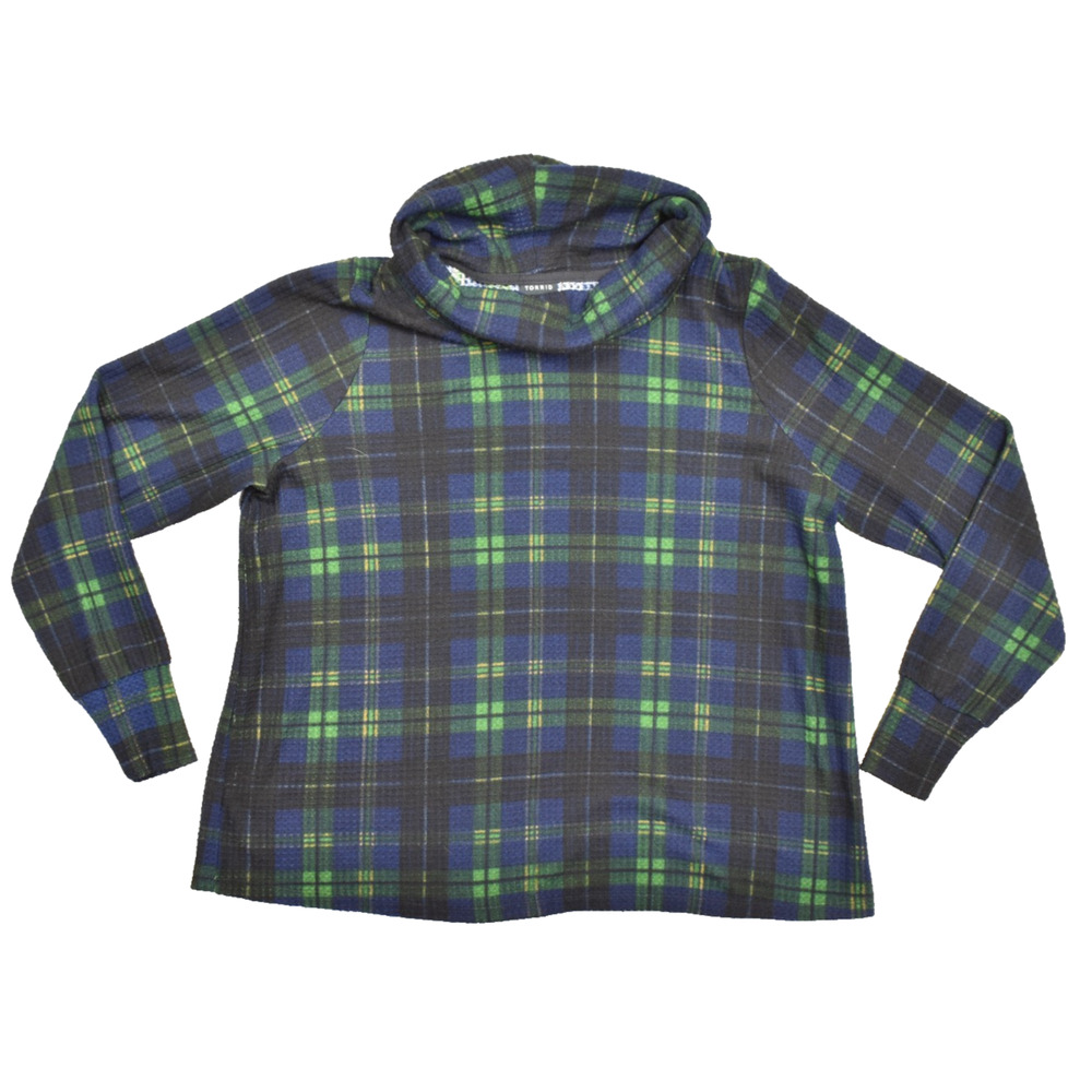 Torrid 2 Green Blue Plaid Waffle Knit Cowl Neck Long Sleeve Pullover Sweater
